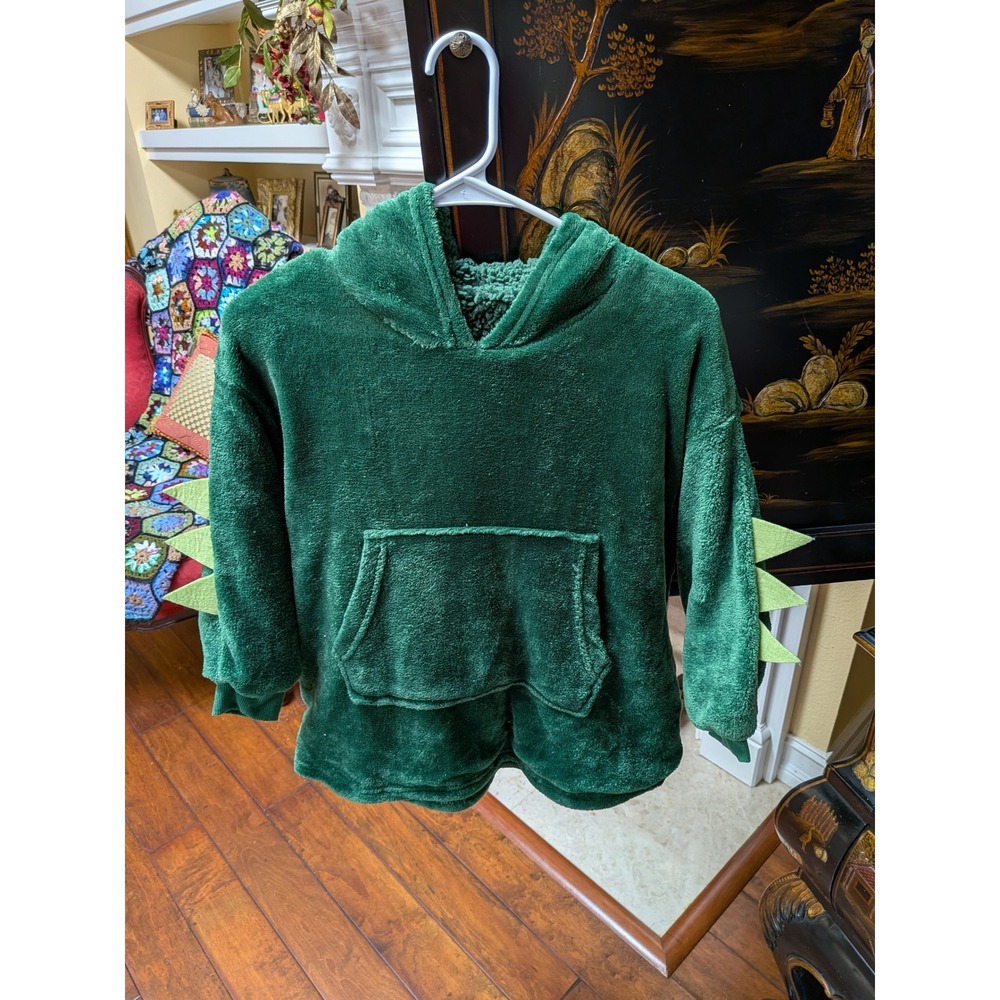 Kids Dinosaur Oversized Fleece Hoodie Green Plush Spiked Sweatshirt Pullover